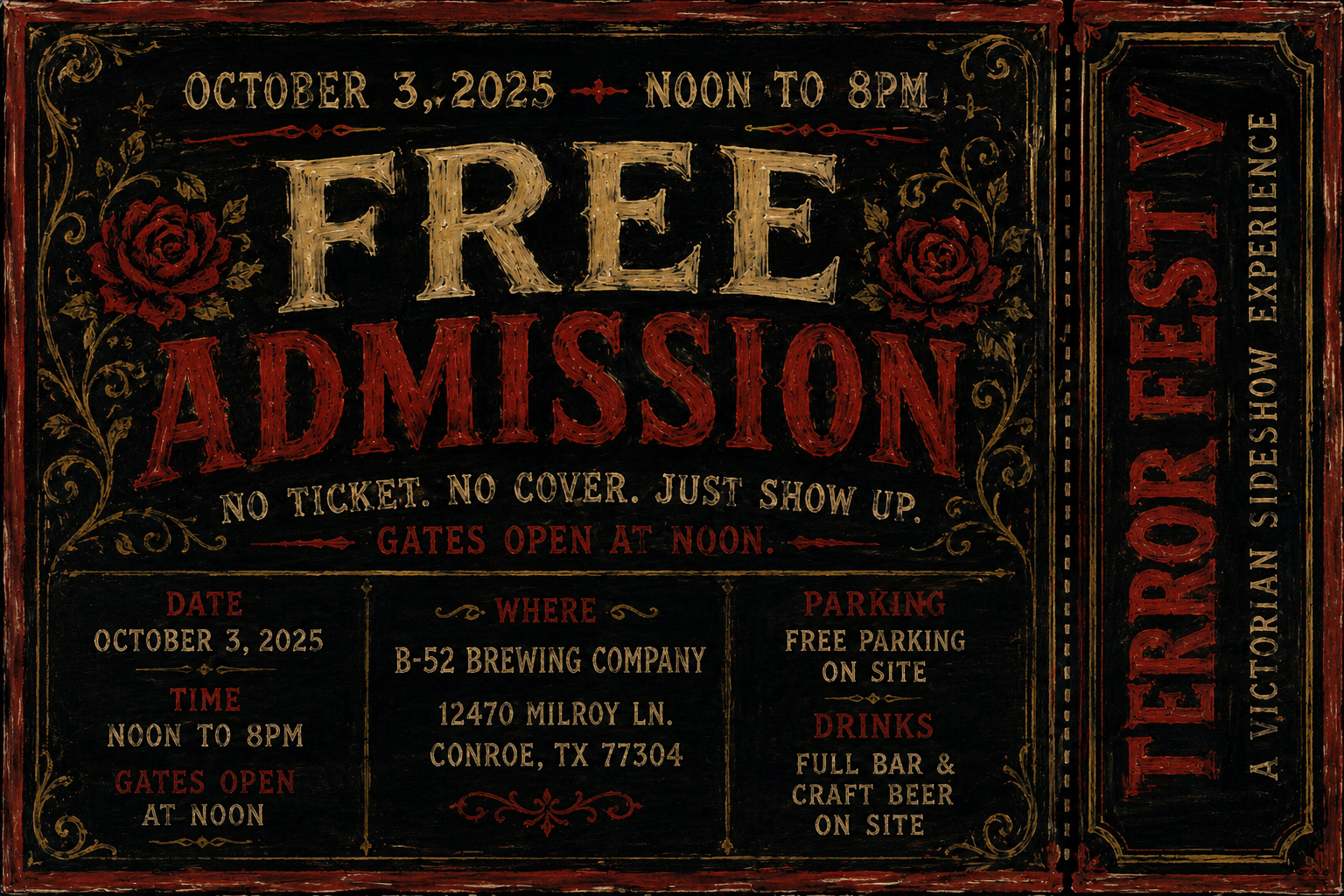 TerrorFest V Event Details - October 3 2025, Noon to 8PM, B-52 Brewing Company, 12470 Milroy Ln, Conroe TX 77304, Free Parking, Full Bar