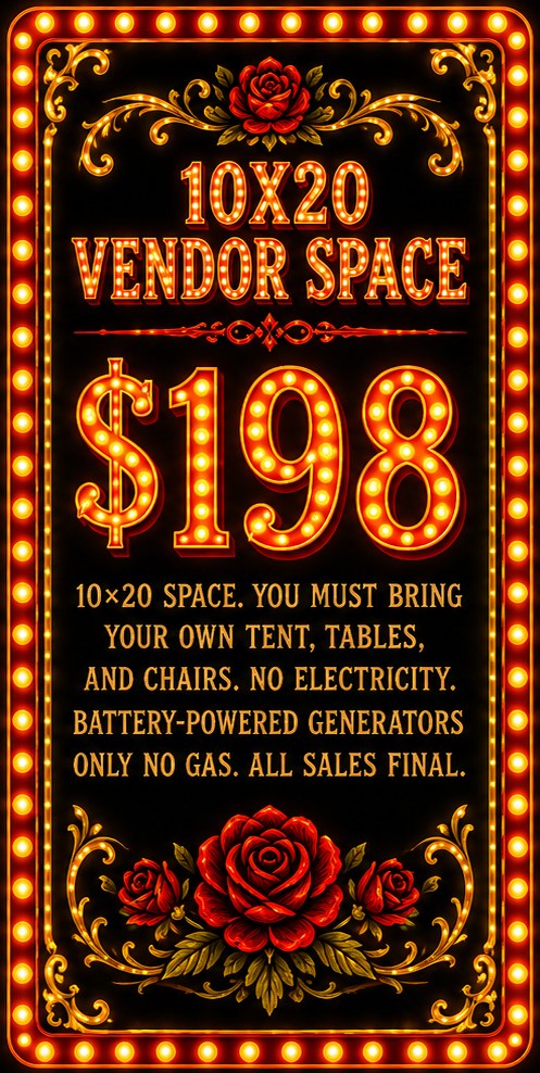 10x20 Vendor Space, $198. You must bring your own tent, tables, and chairs. No electricity. Battery-powered generators only, no gas. All sales final.