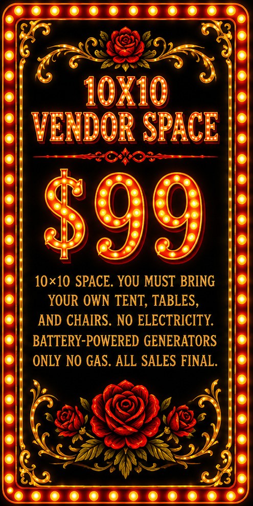 10x10 Vendor Space, $99. You must bring your own tent, tables, and chairs. No electricity. Battery-powered generators only, no gas. All sales final.