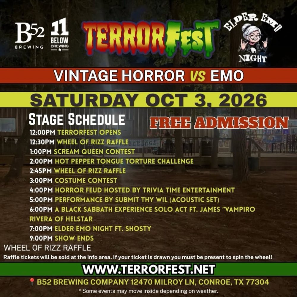 TerrorFest V stage schedule, Saturday October 3, 2026. Free admission.